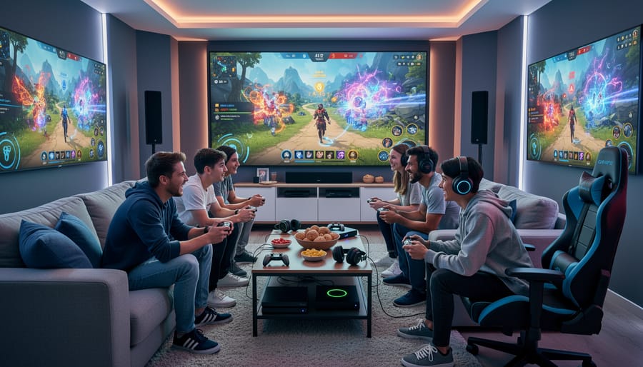 Players gathered in a glowing futuristic game lobby with a portal-like light source behind them